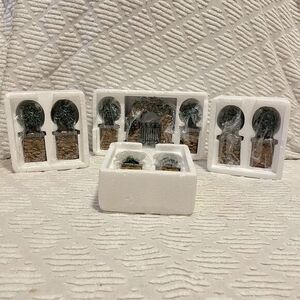 Dept 56 Dickens Village Stone Corner Posts with Holly Tree & Archway 52648 52649